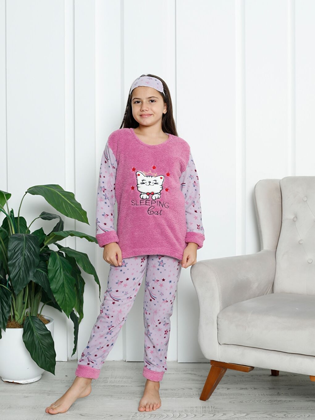 Güneş Kids Mor Bisiklet Yaka Baskılı Uzun Kollu Kız Çocuk Pijama Takımı