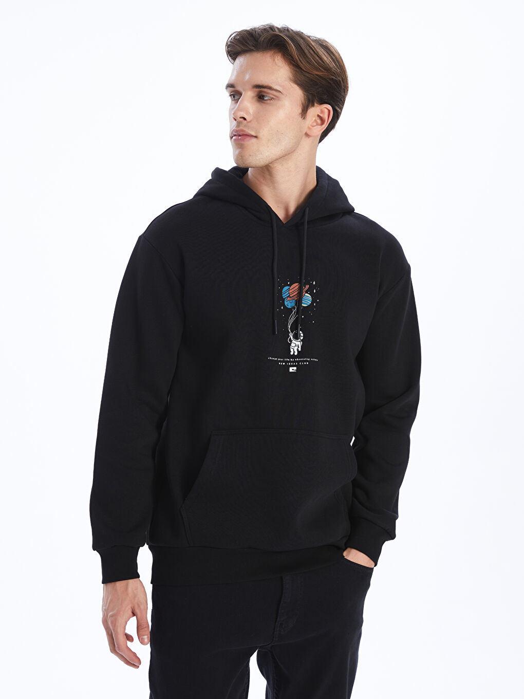 LCW Casual Yeni Siyah Uzun Kollu Baskılı Erkek Hoodie