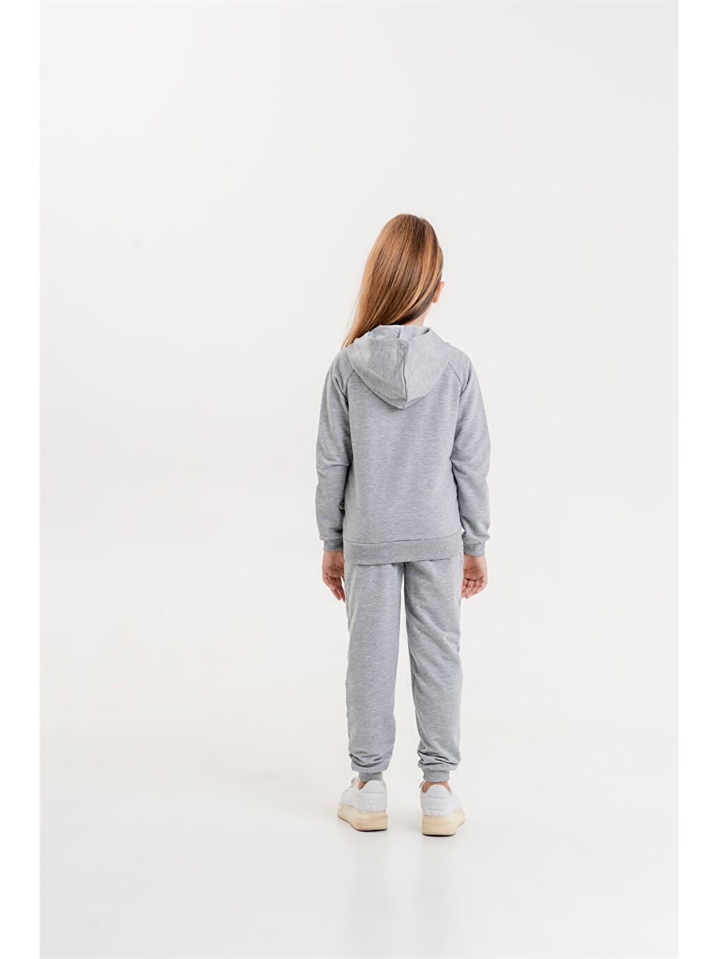 Gri Kapüşonlu Basic Uzun Kollu Kız Çocuk Sweatshirt ve Eşofman Alt 2'li Takım-3