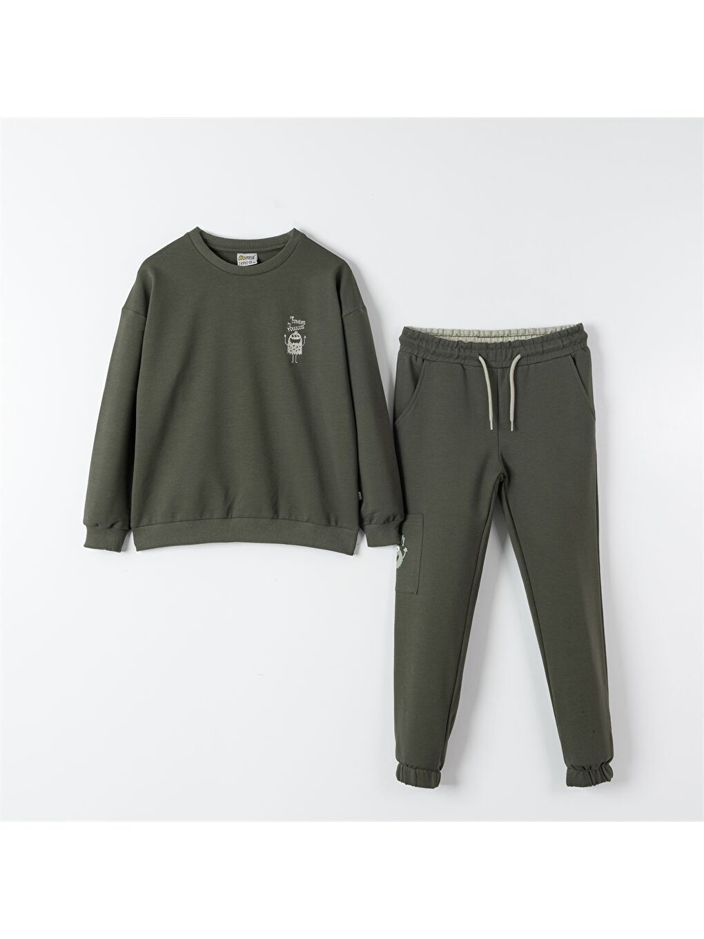 Haki Bisiklet Yaka Uzun Kollu Erkek Çocuk Sweatshirt ve Eşofman Alt 2'li Takım