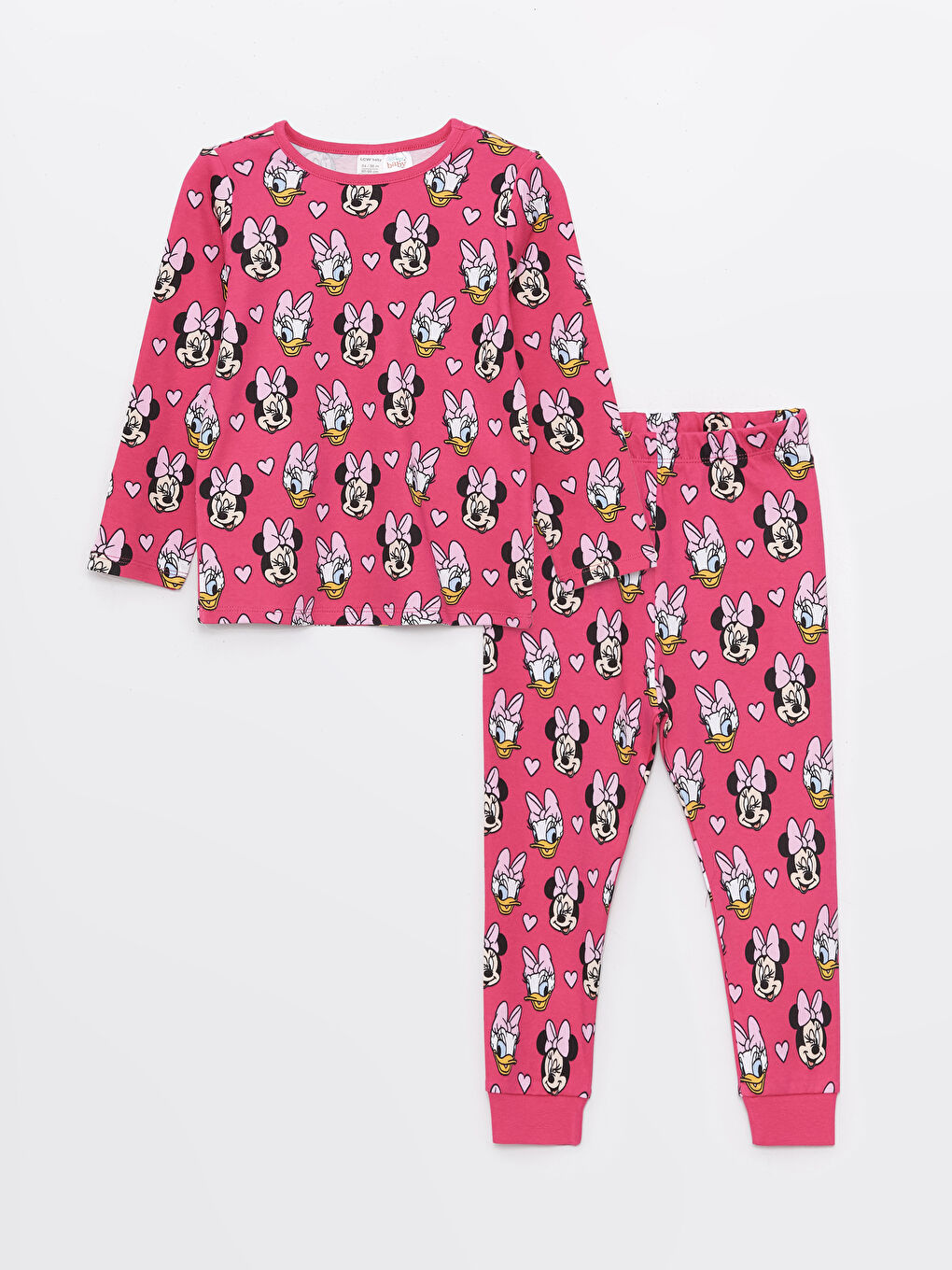 LCW baby Pembe Baskılı Bisiklet Yaka Minnie Mouse Baskılı Kız Bebek Pijama Takımı