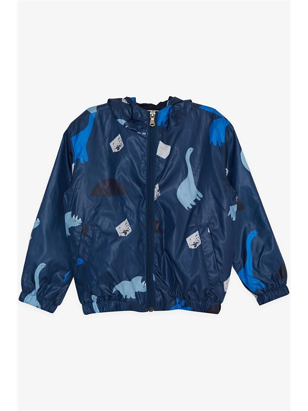 Mavi Kapüşonlu Uzun Kollu Desenli Erkek Bebek Yağmurluk