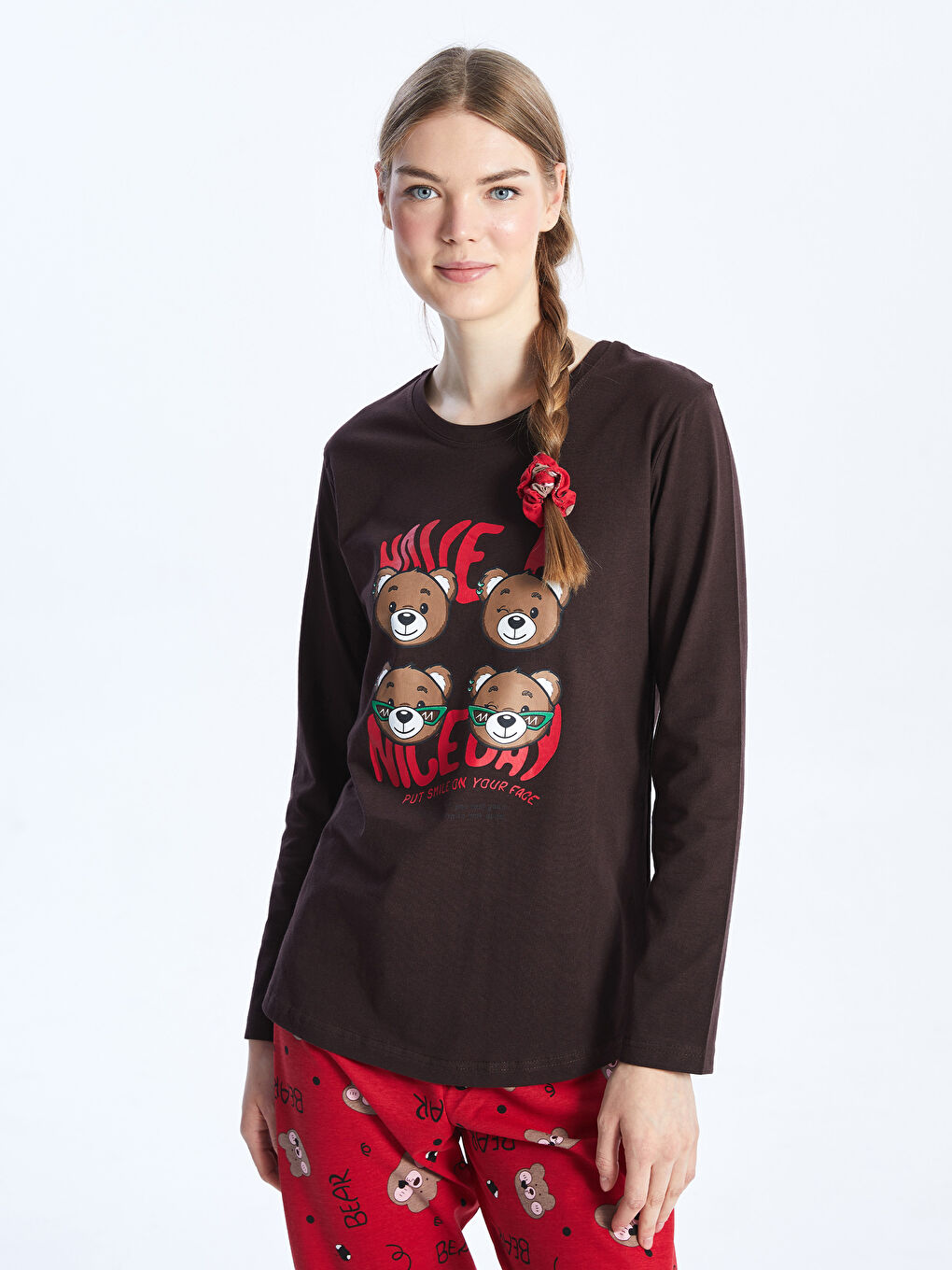 Kahverengi Bisiklet Yaka Kadın Pijama Takım