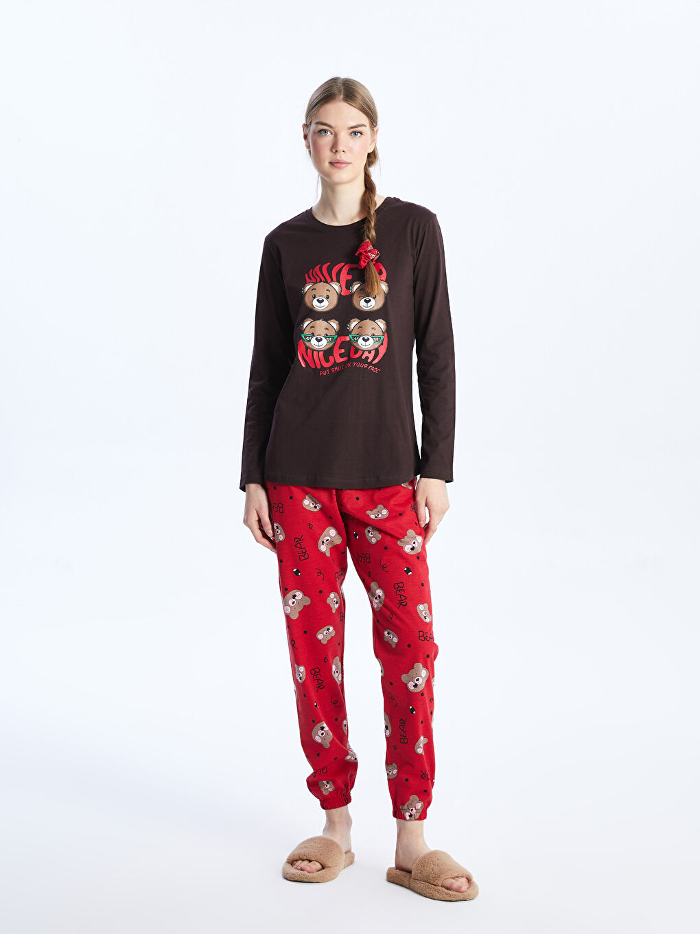 Kahverengi Bisiklet Yaka Kadın Pijama Takım-2