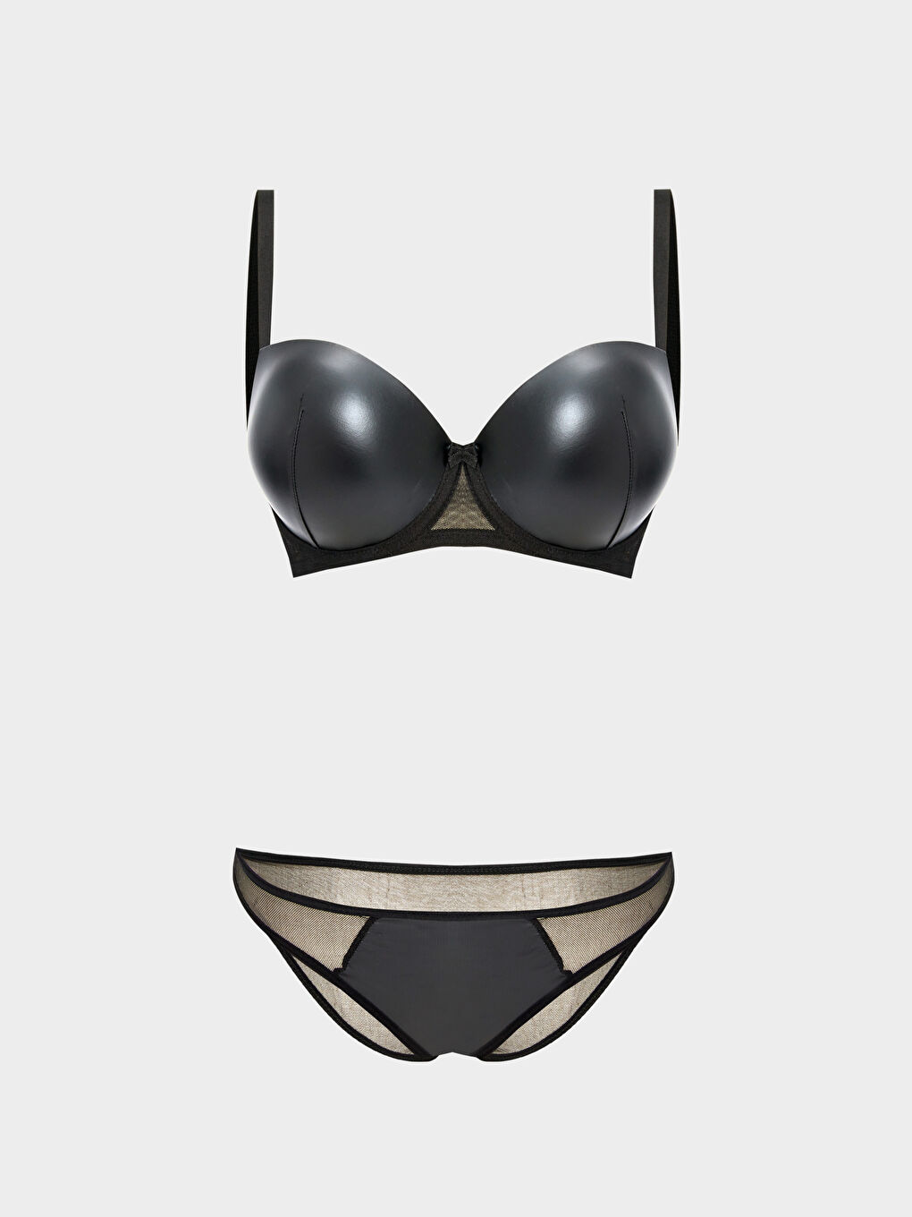 Siyah Deri Görünümlü Kadın İç Giyim Takım