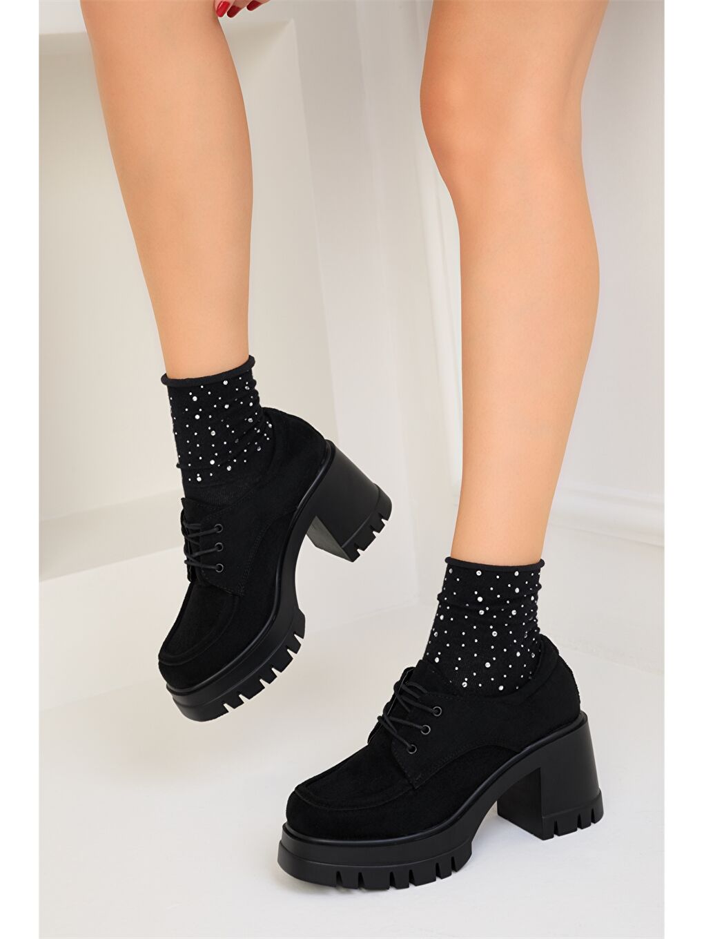 Siyah Süet Görünümlü Topuklu Kadın Oxford Ayakkabı-2