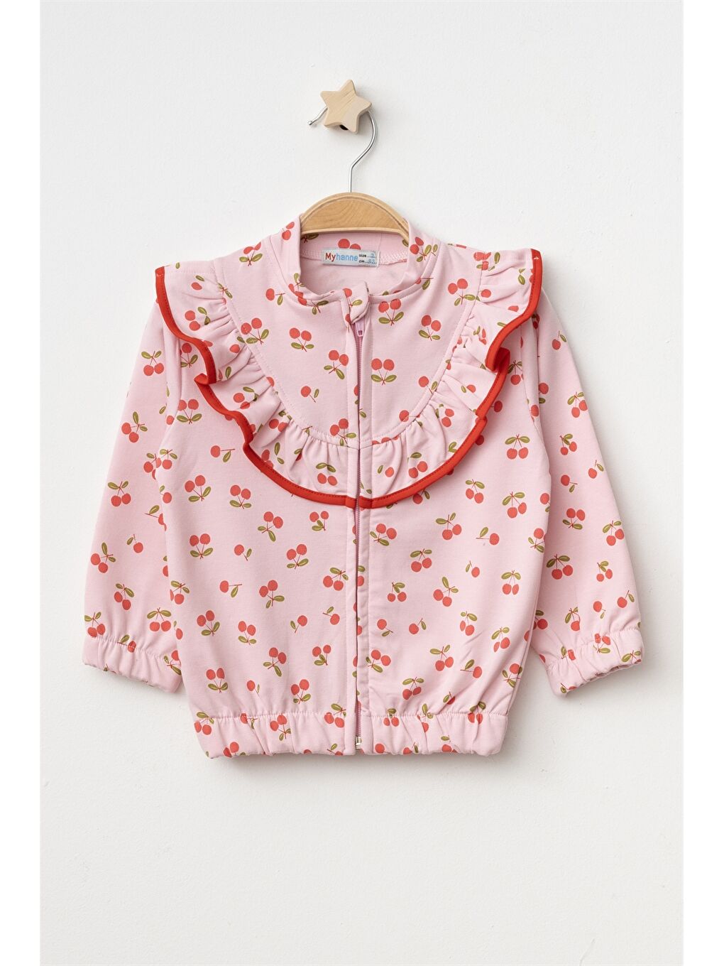 Pembe Kiraz Desenli Fırfırlı Kız Bebek Hırka
