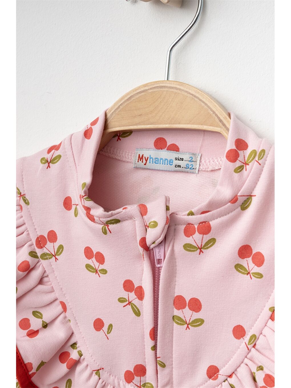 Pembe Kiraz Desenli Fırfırlı Kız Bebek Hırka-2