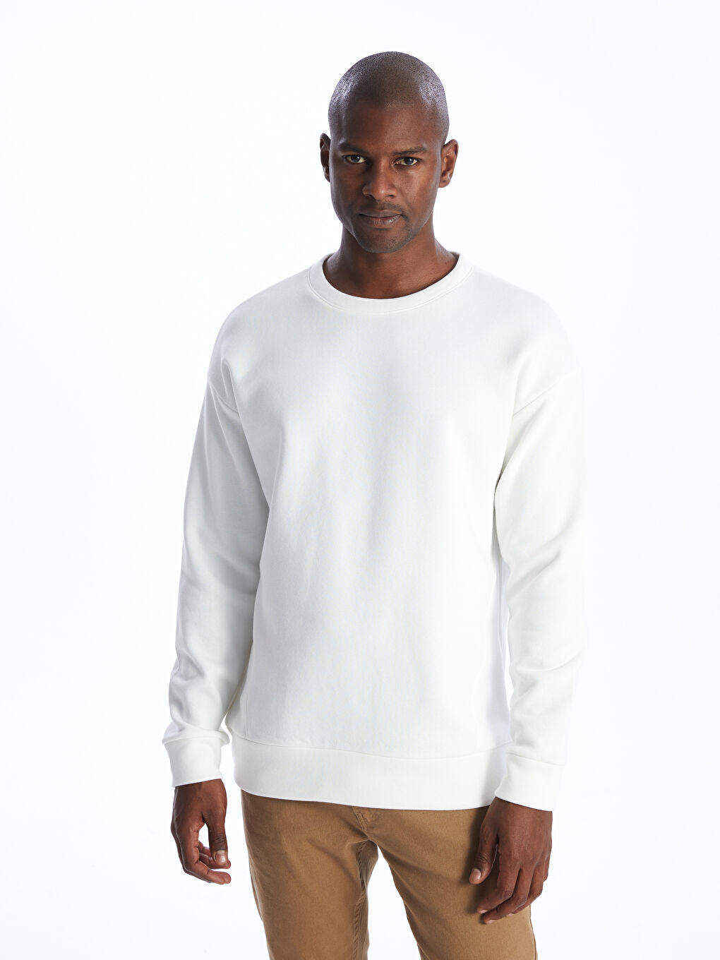 Ekru Bisiklet Yaka Uzun Kollu Erkek Sweatshirt-1