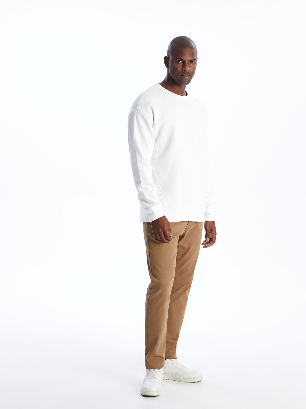 Ekru Bisiklet Yaka Uzun Kollu Erkek Sweatshirt-2