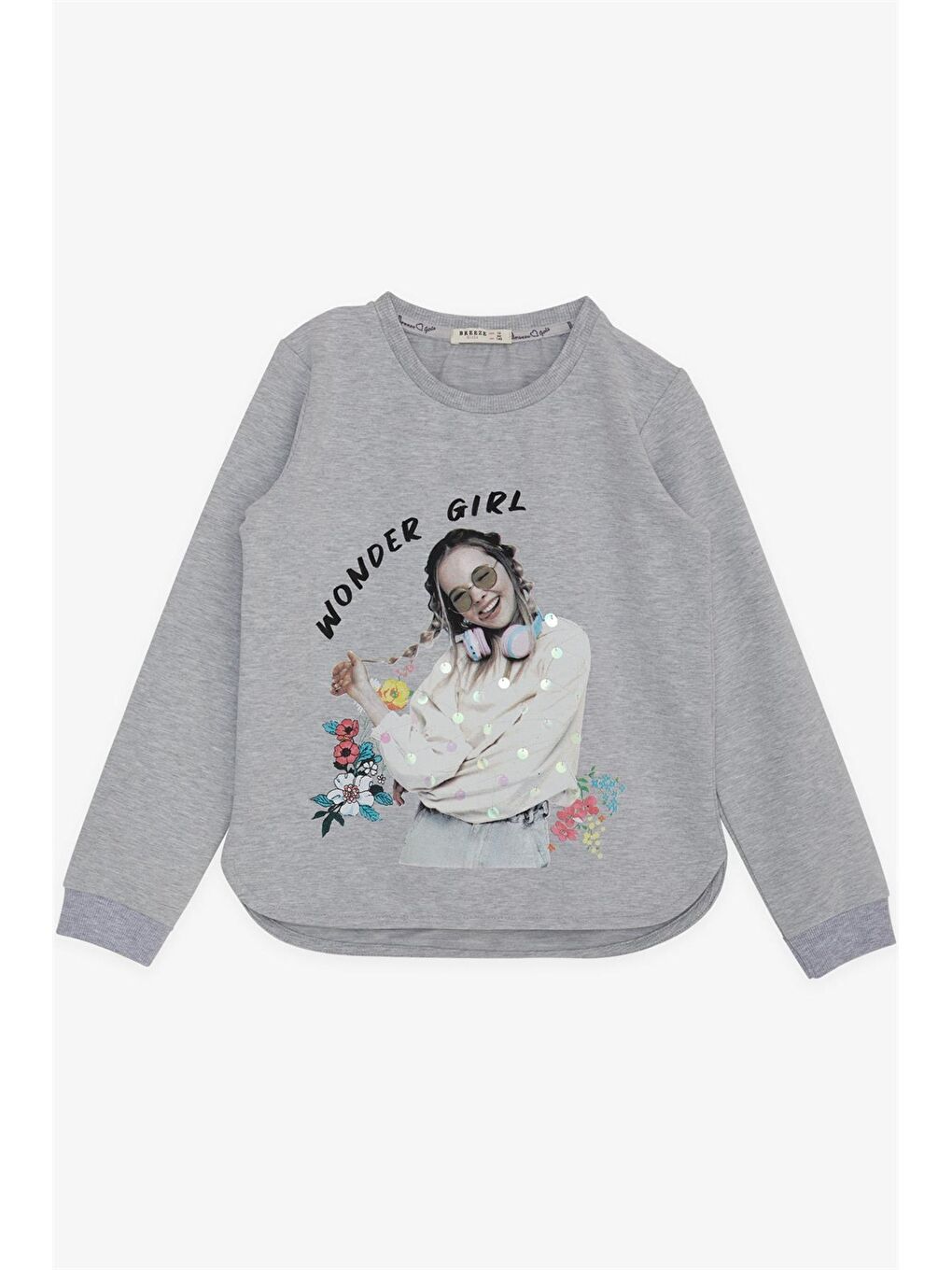 Breeze Gri Melanj Bisiklet Yaka Uzun Kollu Kız Çocuk Sweatshirt