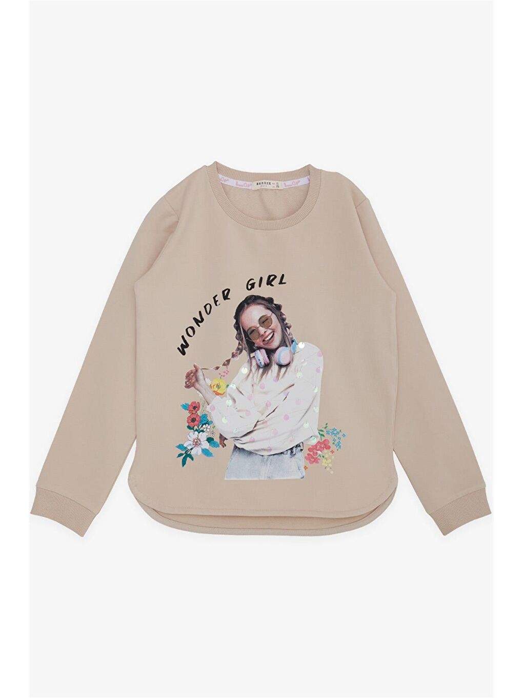 Breeze Bej Bisiklet Yaka Uzun Kollu Kız Çocuk Sweatshirt