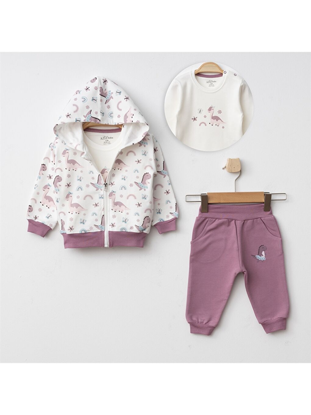 Mürdüm Baskılı Pamuklu Kız Bebek 3'lü Takım