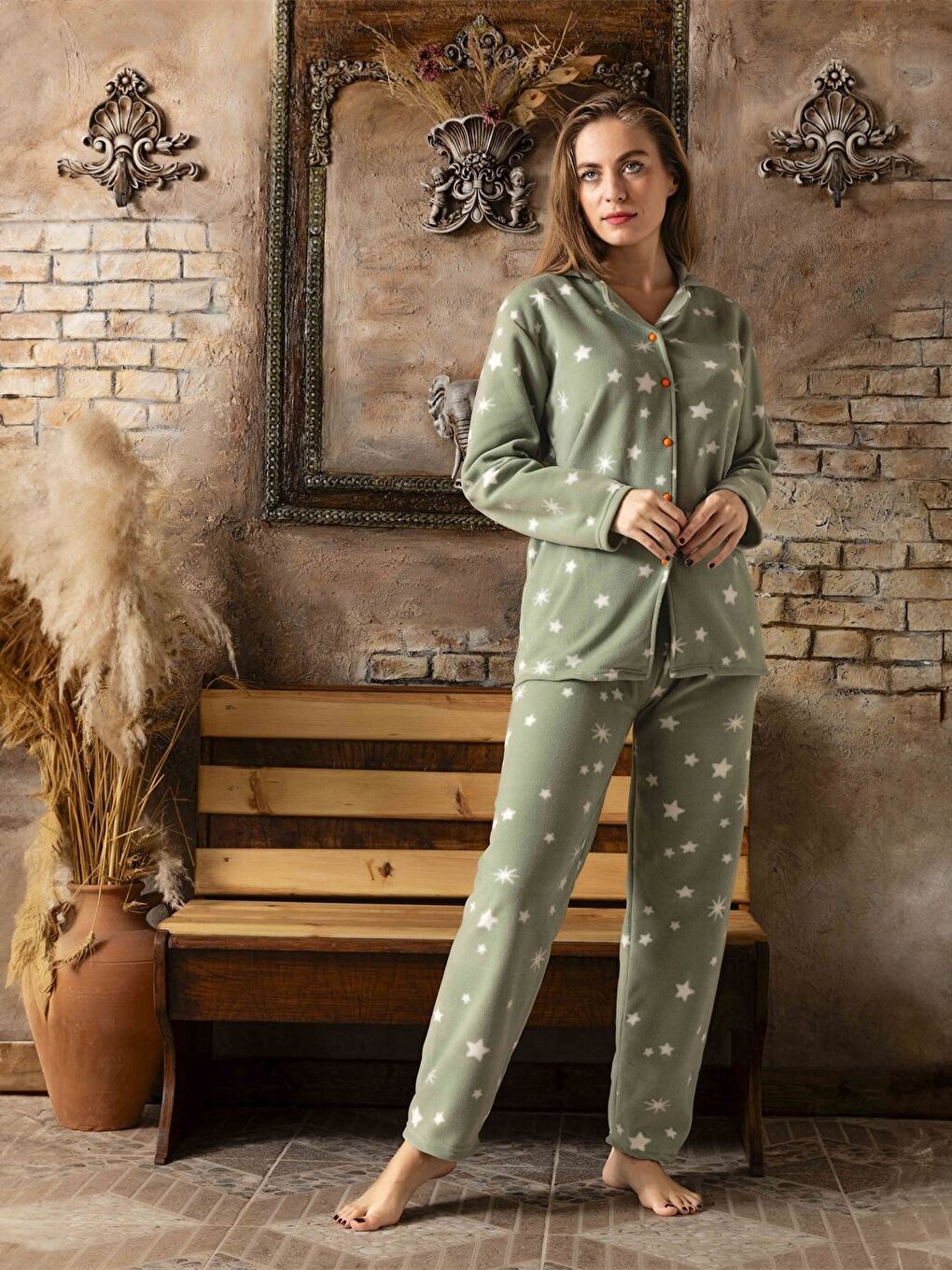 Yeşil Gömlek Yaka Kadın Pijama Takımı-1