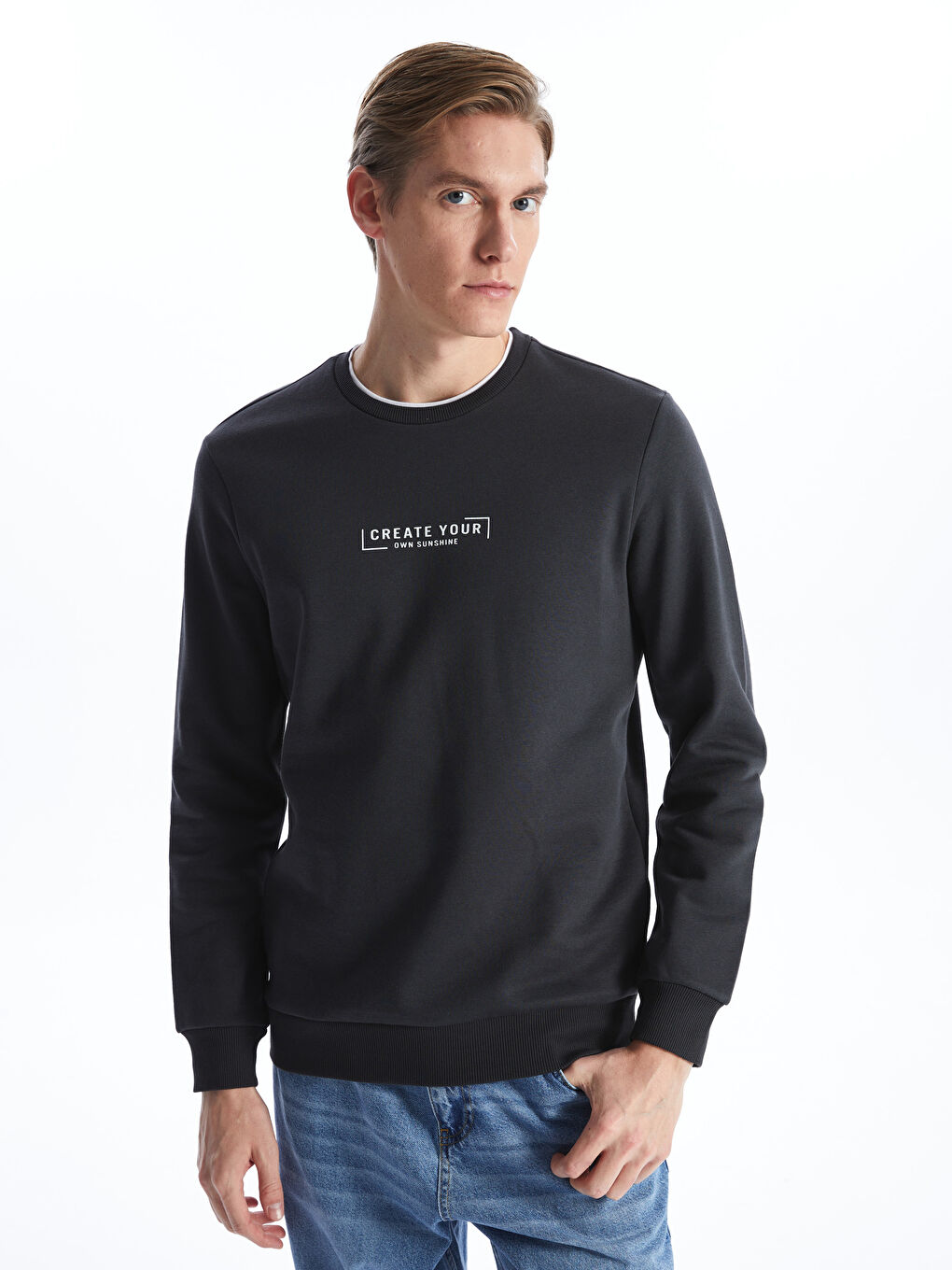 LCWAIKIKI Classic Antrasit Bisiklet Yaka Uzun Kollu Baskılı Erkek Sweatshirt