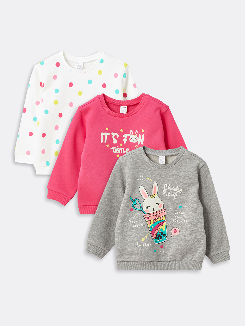 LCW baby Gri Bisiklet Yaka Uzun Kollu Baskılı Kız Bebek Sweatshirt 3'lü