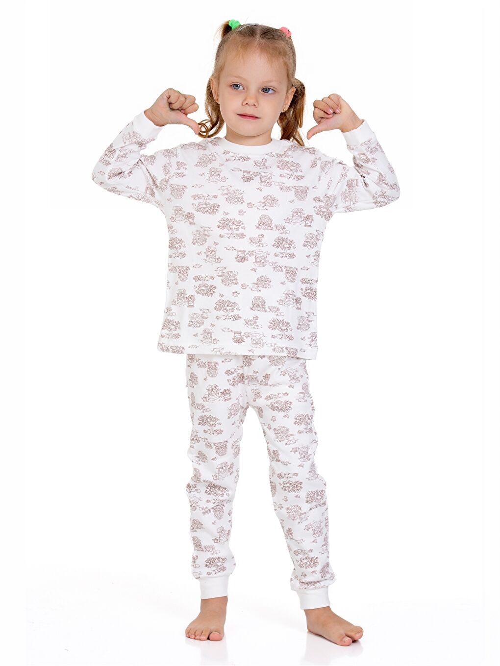 Ekru Bisiklet Yaka Kız Bebek Pijama Takımı