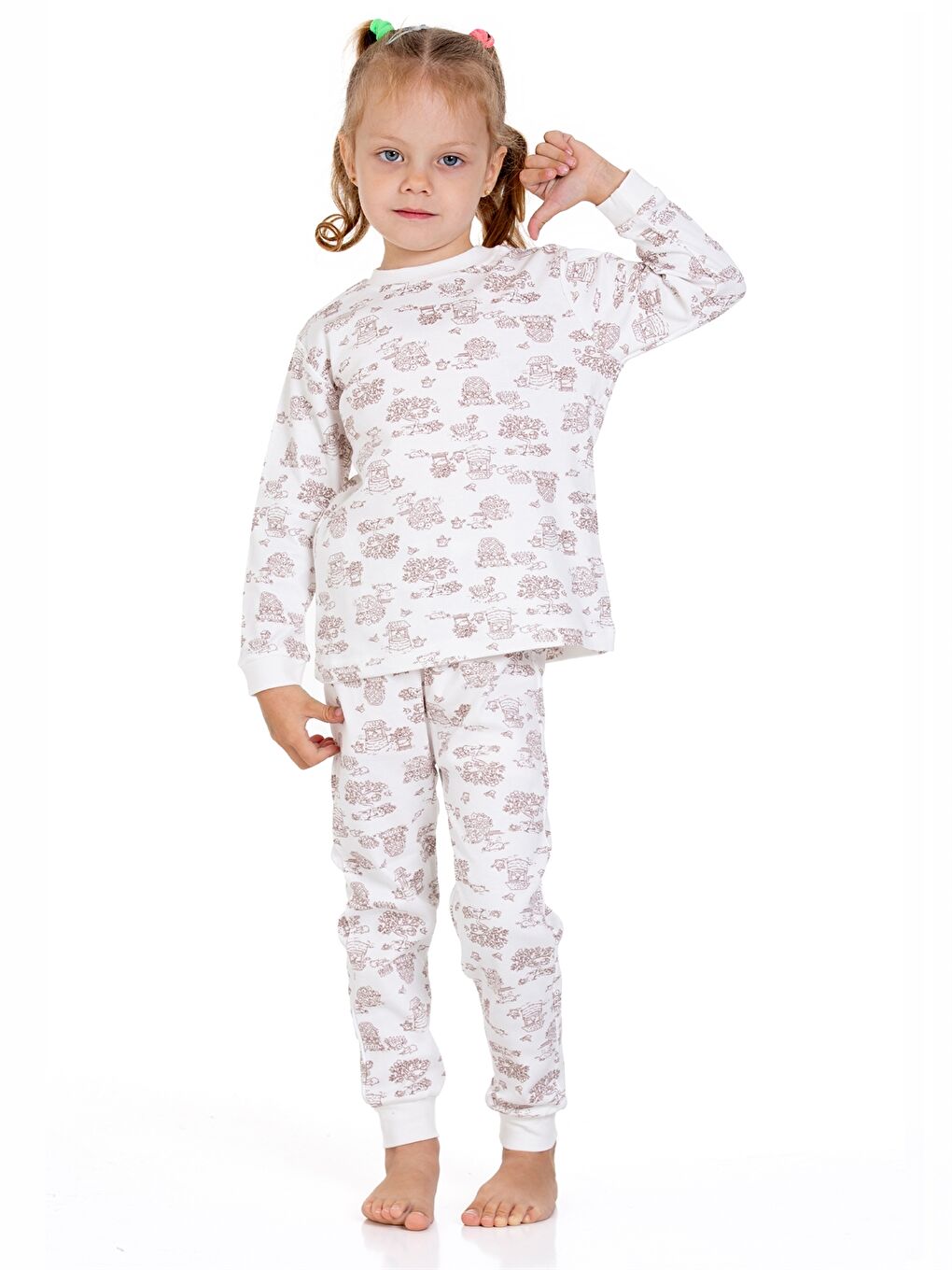 Ekru Bisiklet Yaka Kız Bebek Pijama Takımı-3