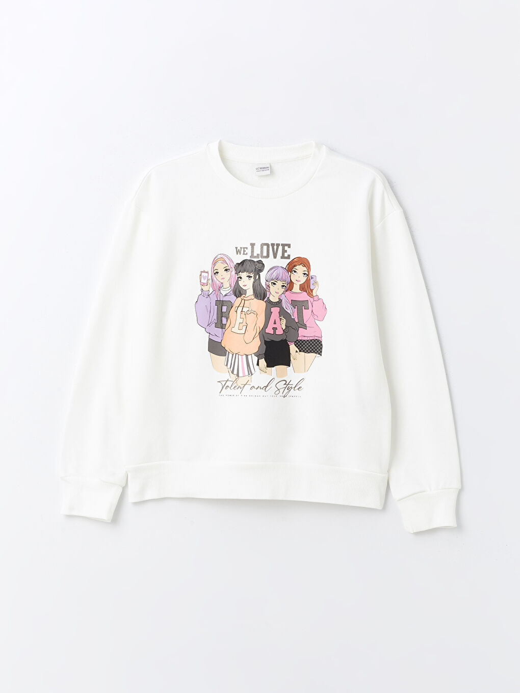 LCW Kids Ekru Bisiklet Yaka Baskılı Uzun Kollu Kız Çocuk Sweatshirt