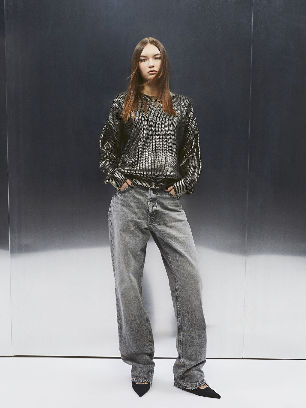 Siyah Bisiklet Yaka Parlak Görünümlü Kadın Triko Kazak-2