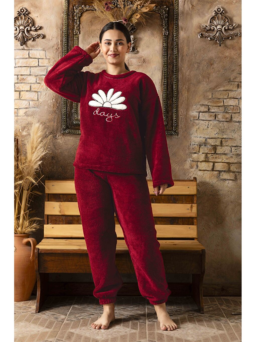 CHARME Bordo Bisiklet Yaka Kadın Pijama Takım