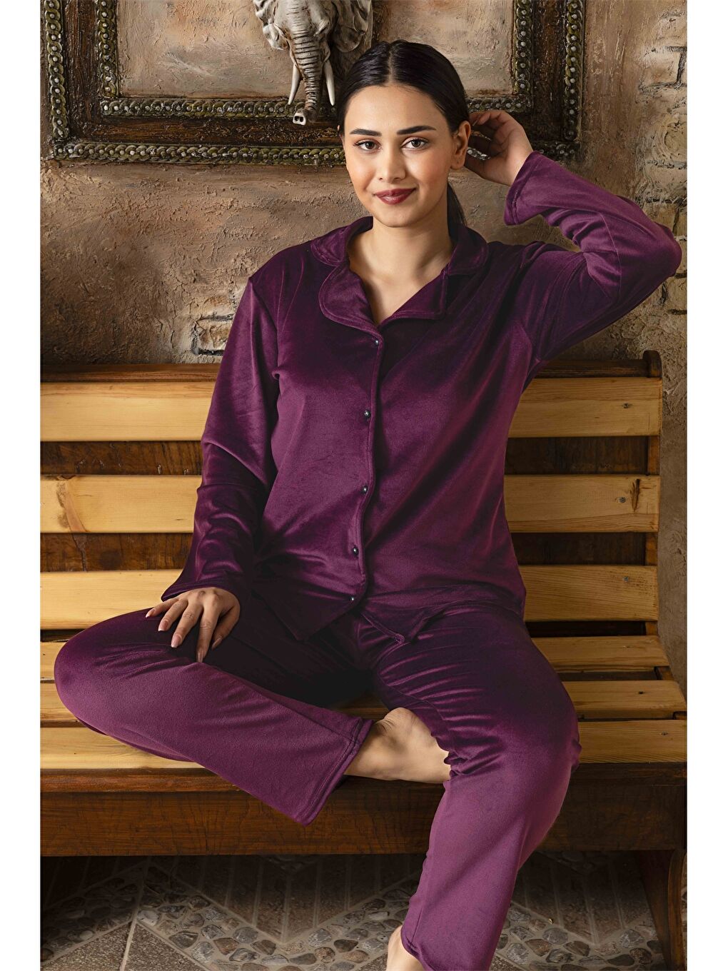 Mor Gömlek Yaka Kadın Pijama Takımı