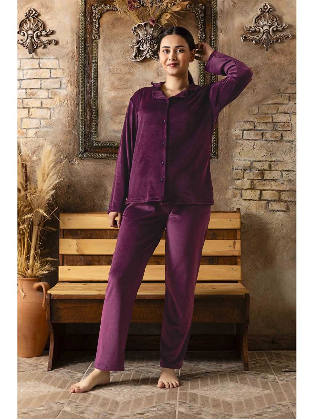 Mor Gömlek Yaka Kadın Pijama Takımı-1