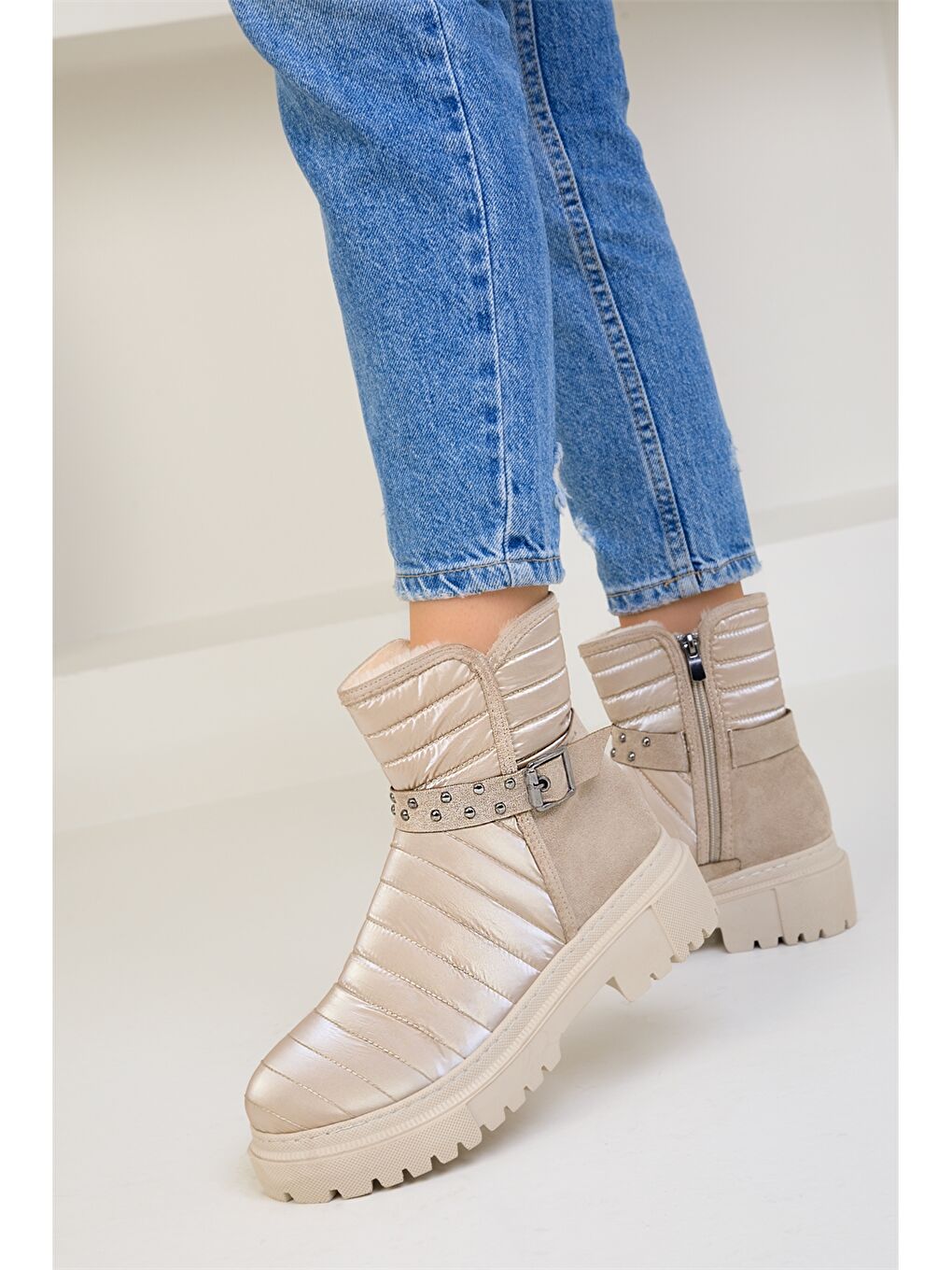 Bej Kalın Taban Toka Detaylı Kadın Bot-3