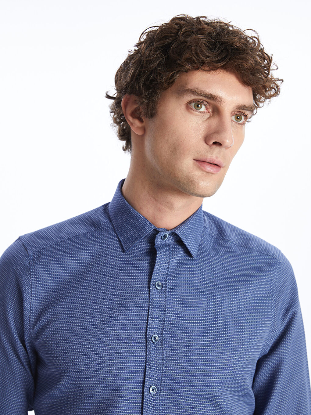 Lacivert Slim Fit Uzun Kollu Armürlü Erkek Gömlek-1