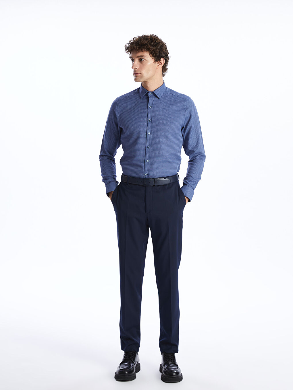 Lacivert Slim Fit Uzun Kollu Armürlü Erkek Gömlek-2