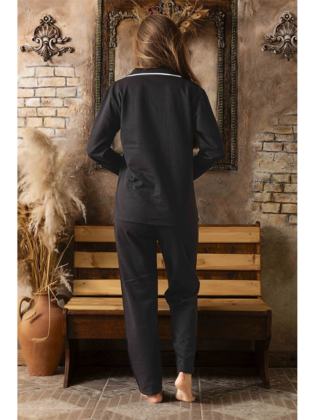 Siyah Gömlek Yaka Kadın Pijama Takımı-1
