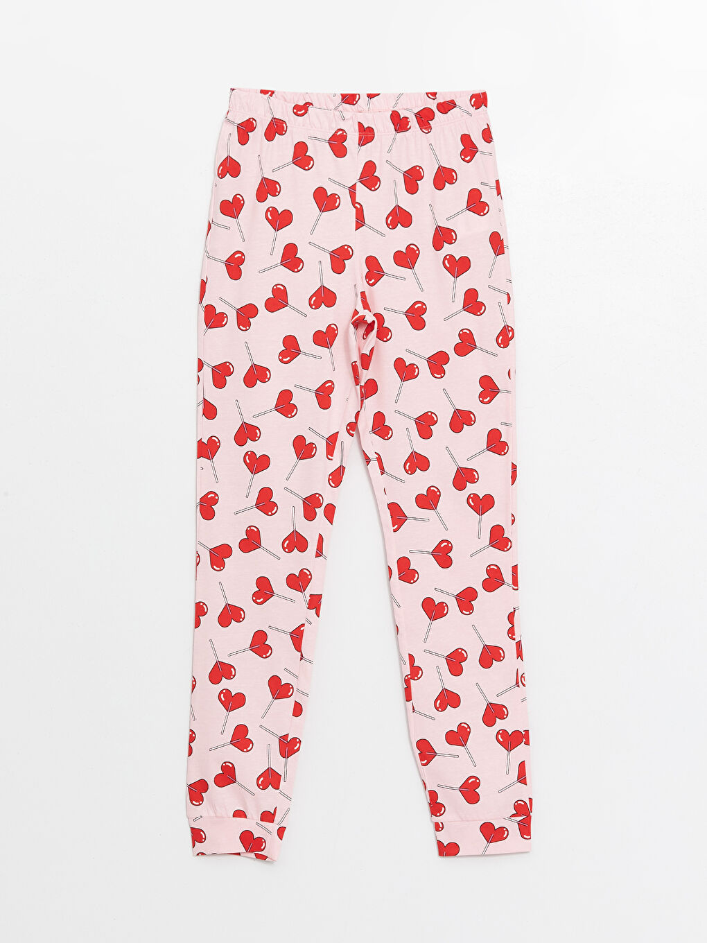 Pembe Beli Lastikli Kalp Baskılı Kadın Jogger Pijama Alt