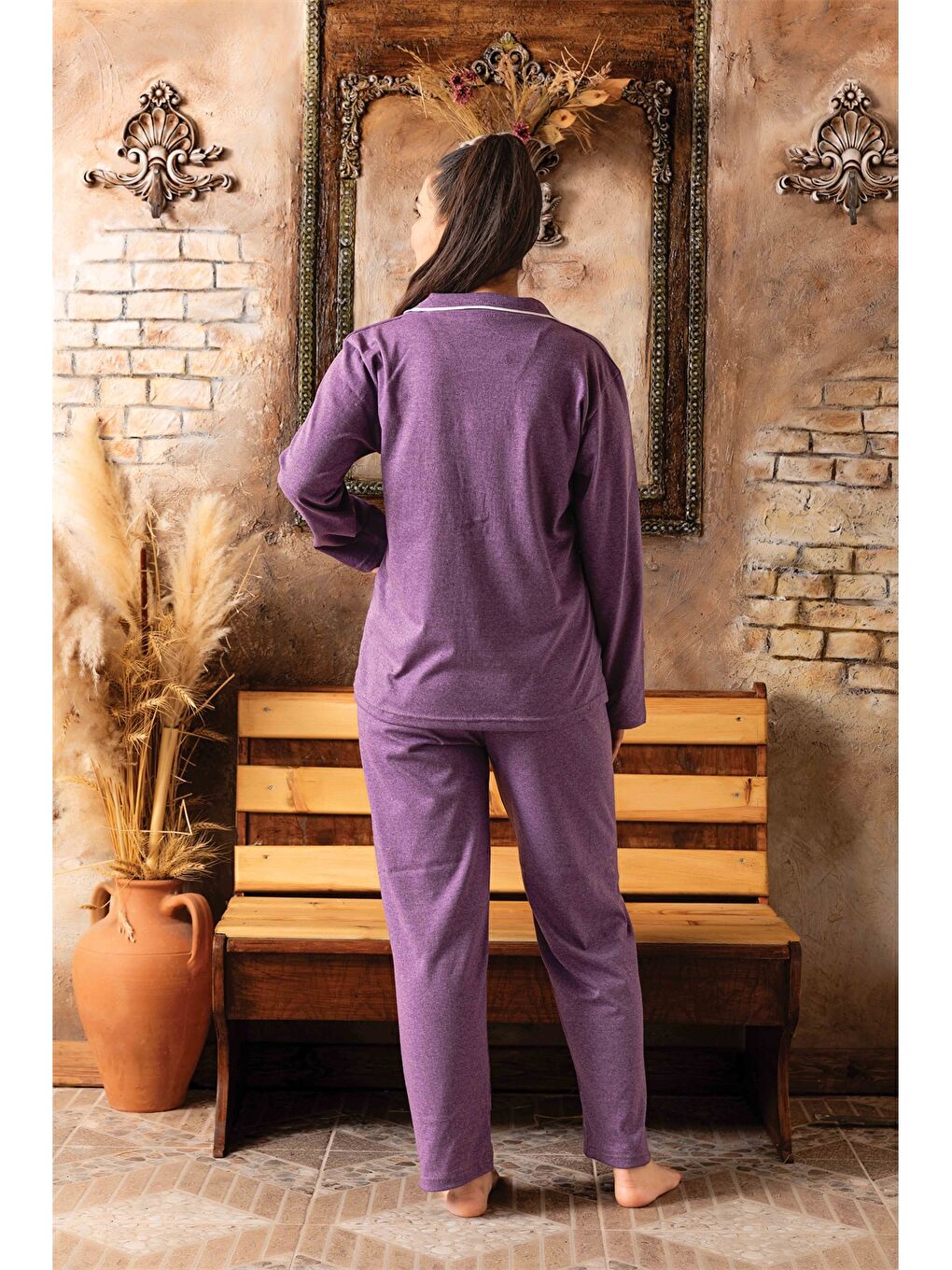 Lila Gömlek Yaka Kadın Pijama Takımı-1