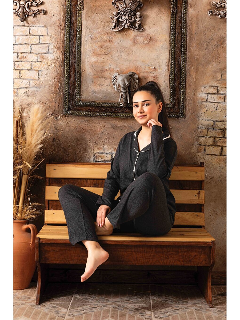 Antrasit Gömlek Yaka Kadın Pijama Takımı