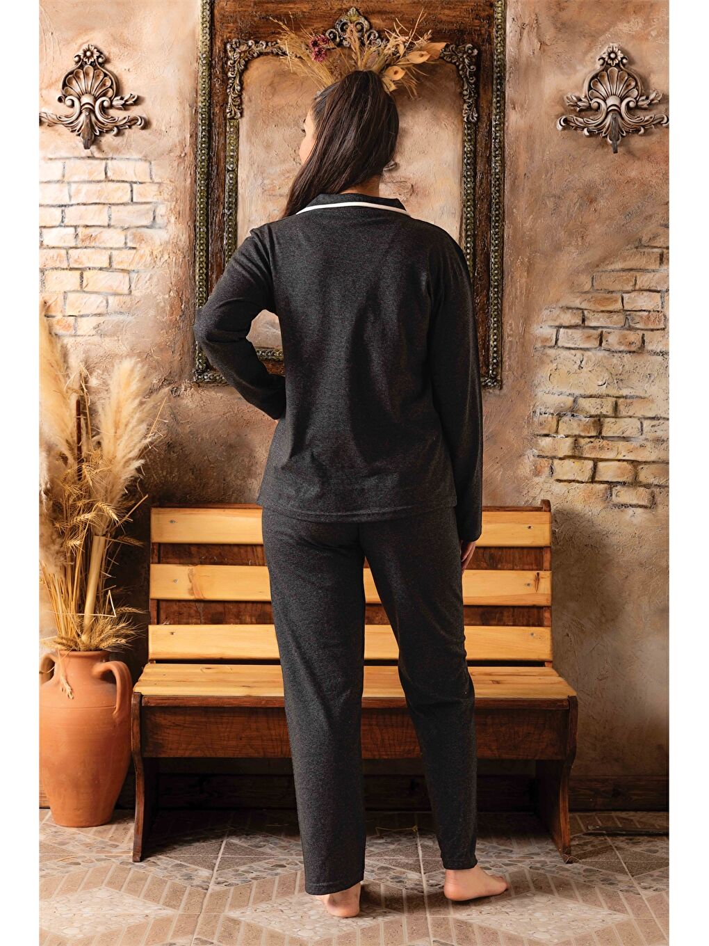 Antrasit Gömlek Yaka Kadın Pijama Takımı-1