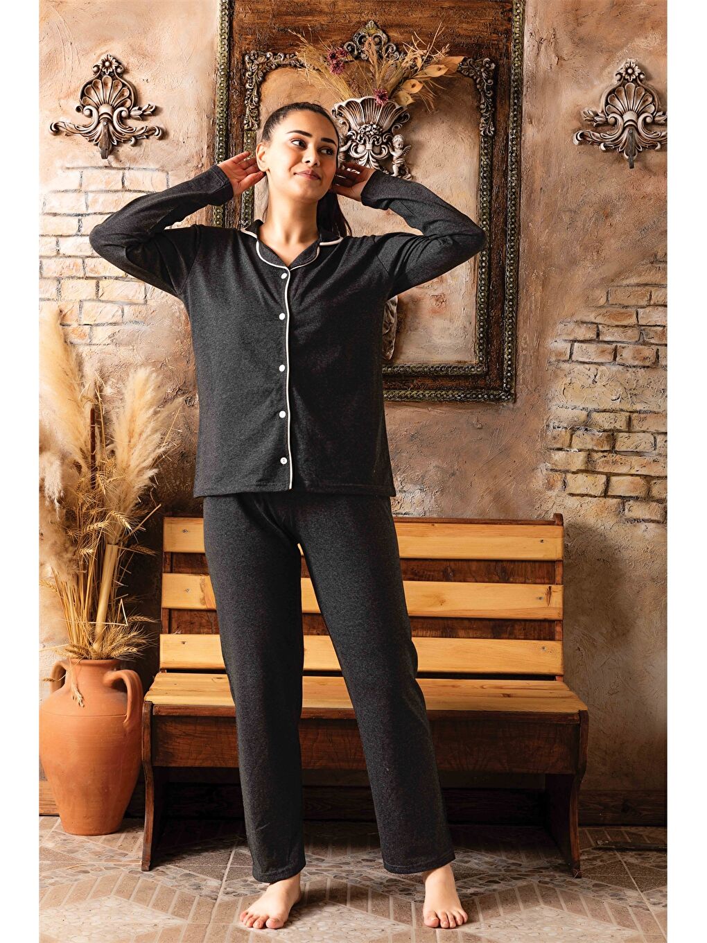 Antrasit Gömlek Yaka Kadın Pijama Takımı-2