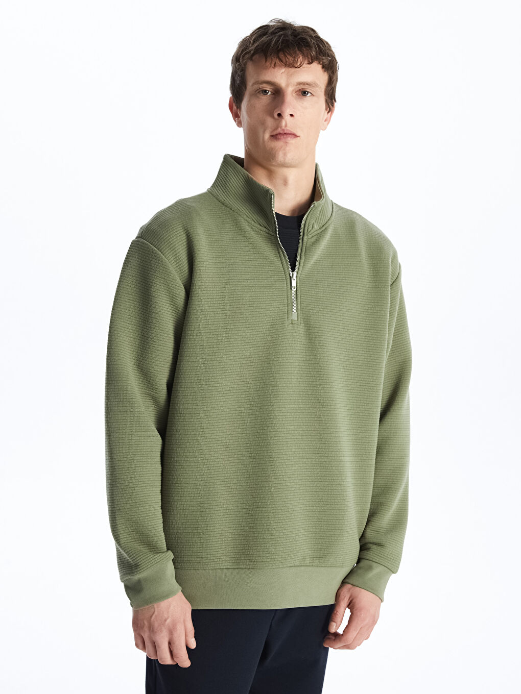 Haki Dik Yaka Erkek Sweatshirt