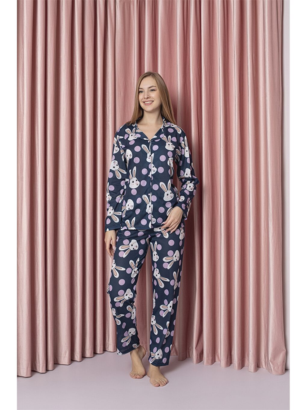 Lacivert Gömlek Yaka Kadın Pijama Takımı-1
