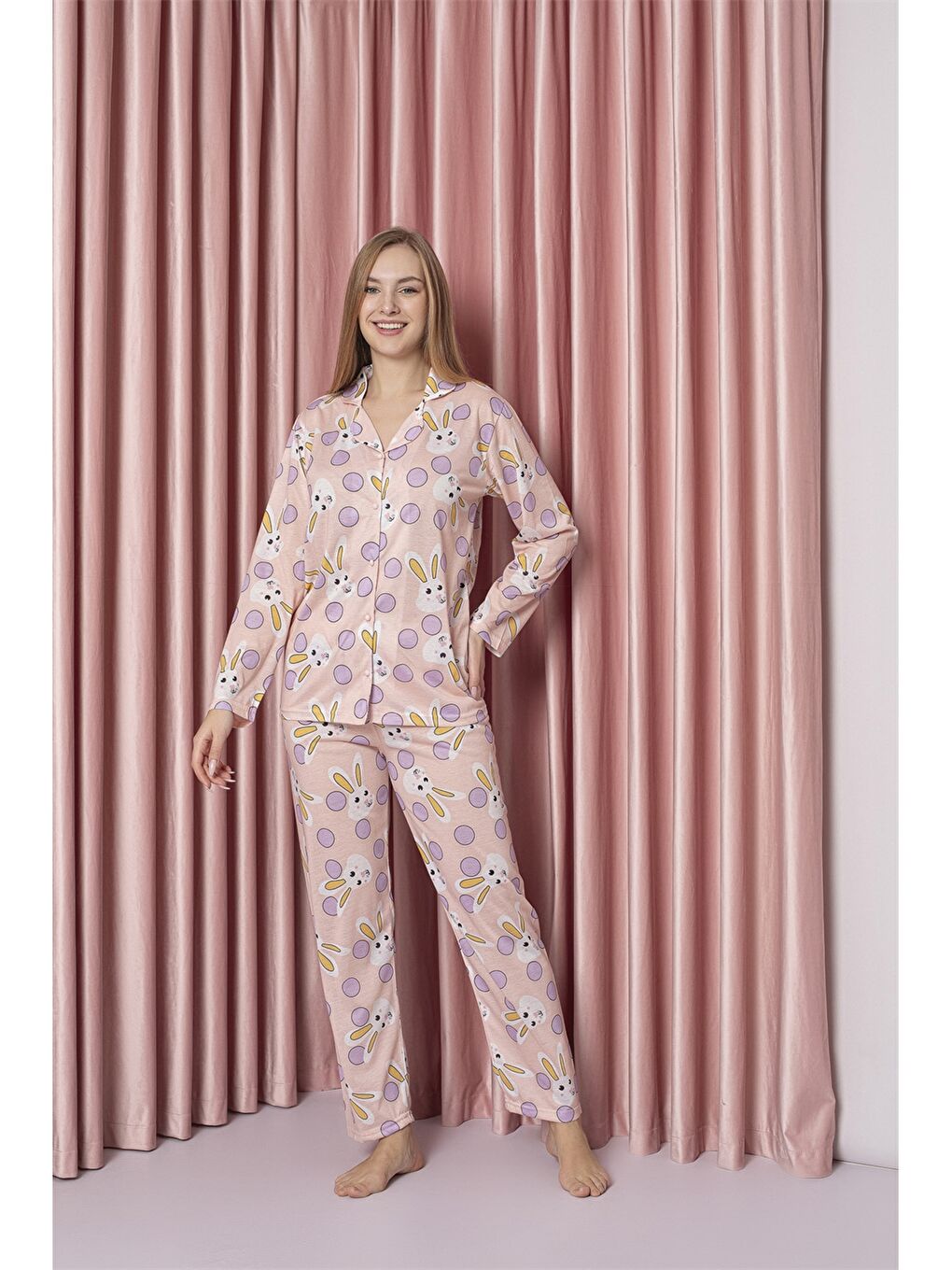 Pembe Gömlek Yaka Kadın Pijama Takımı-1