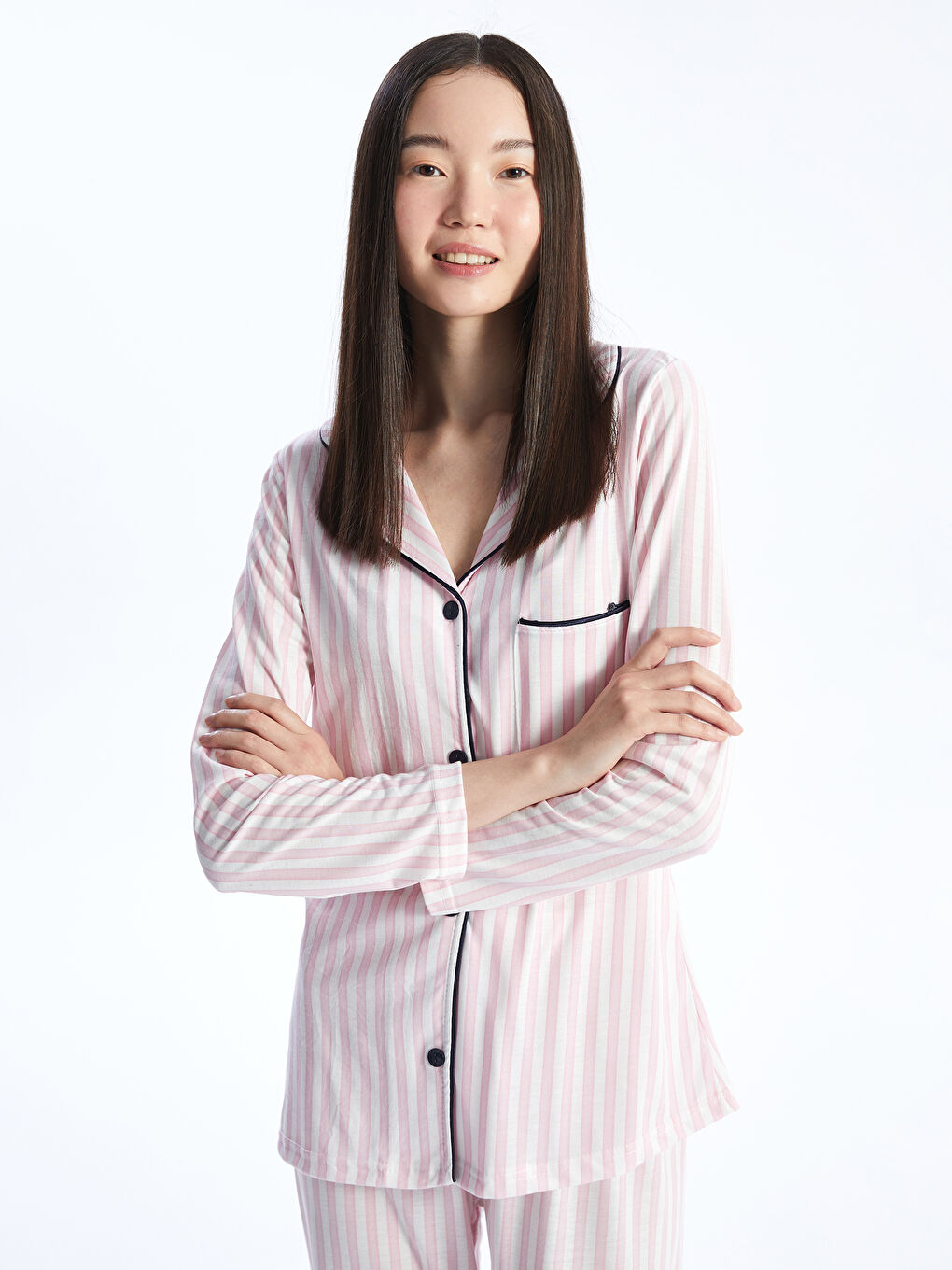 Pembe Gömlek Yaka Uzun Kollu Kadın Takım-1