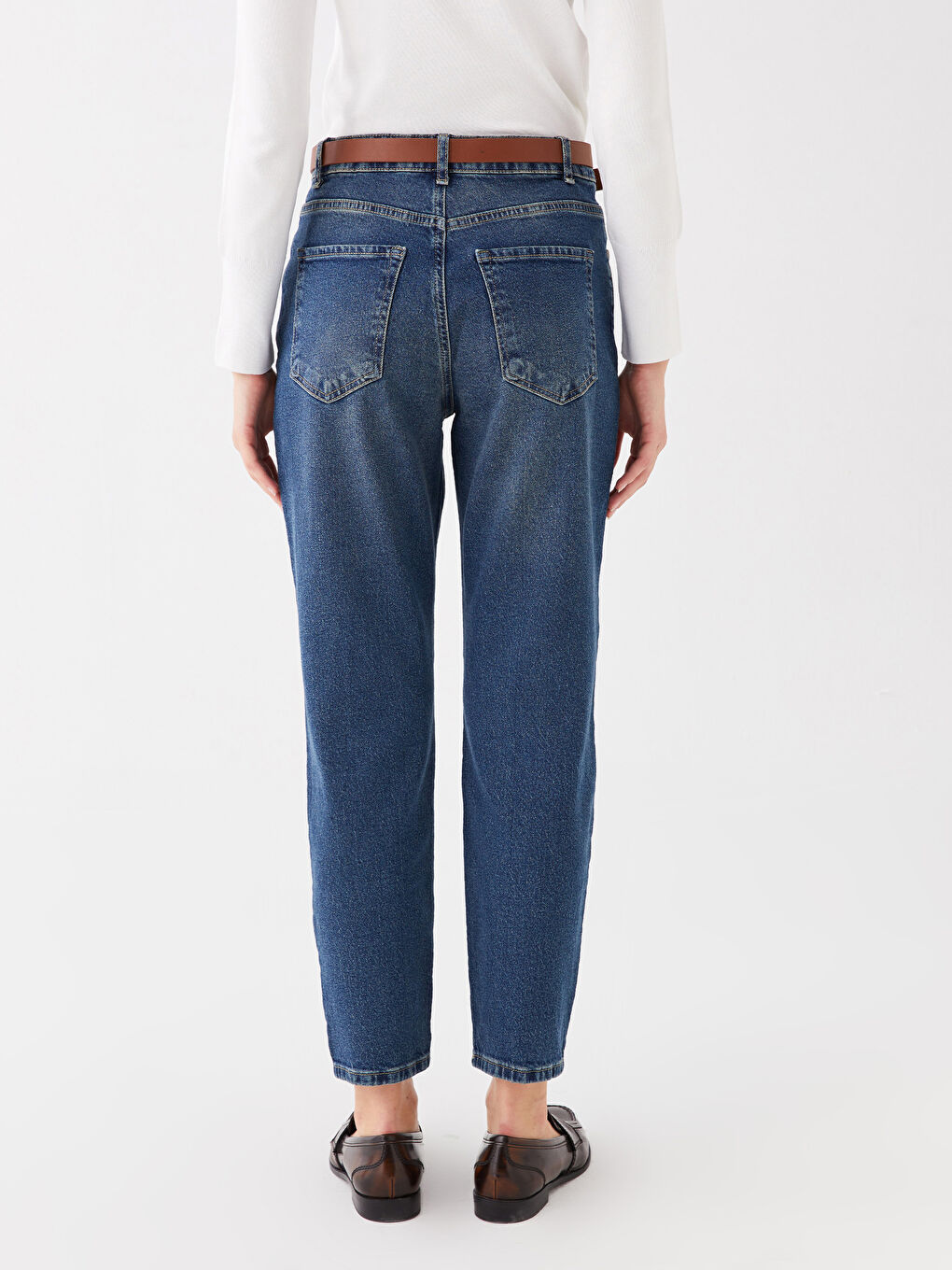 Әйелдерге арналған белдікті мом пішімді джинс шалбар-4