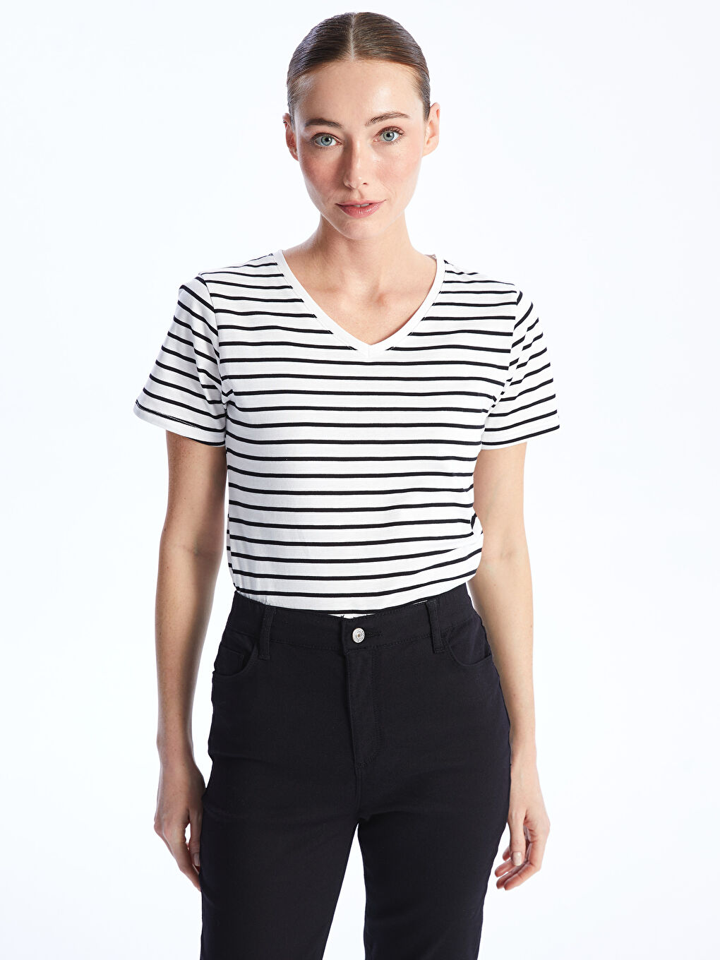 V-Neck Striped Short Sleeve Women's T-Shirt-1