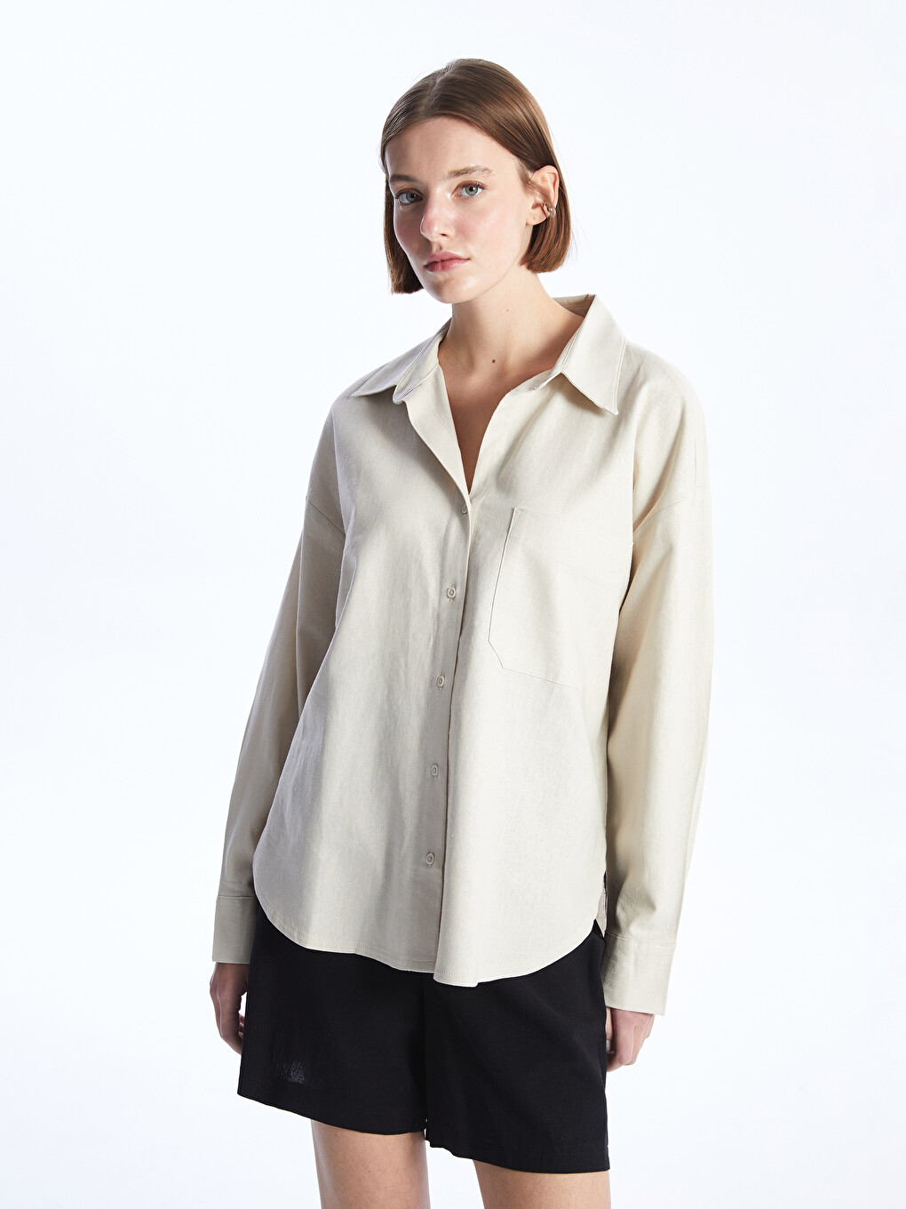 Chemise Unie À Manches Longues Surdimensionnée En Mélange De Lin Pour Femmes