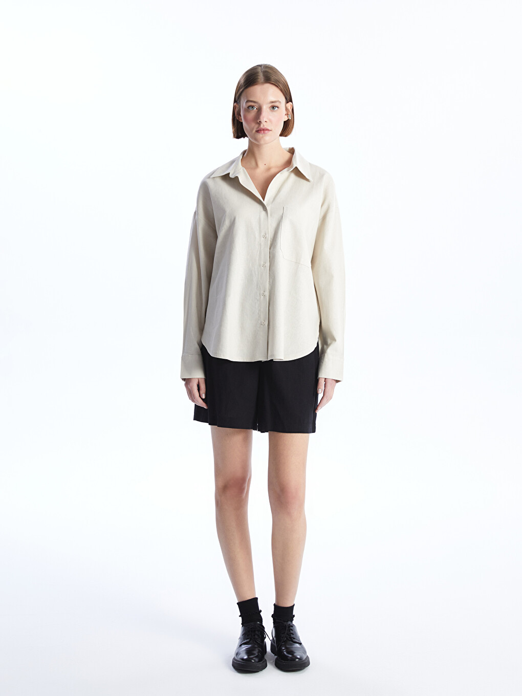 Chemise Unie À Manches Longues Surdimensionnée En Mélange De Lin Pour Femmes-1