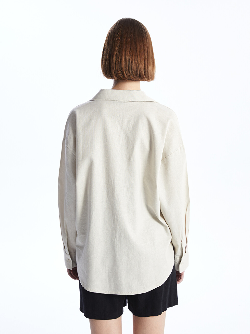 Chemise Unie À Manches Longues Surdimensionnée En Mélange De Lin Pour Femmes-4