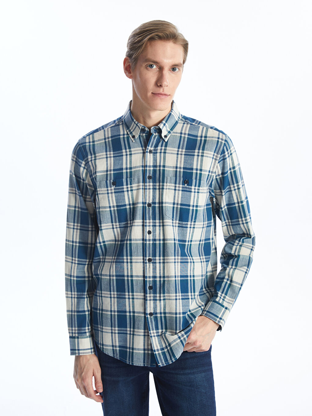 Regular Fit Long Sleeve Plaid Gabardine Men's Shirt