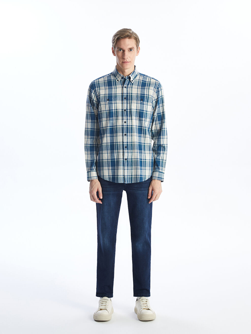 Regular Fit Long Sleeve Plaid Gabardine Men's Shirt-1