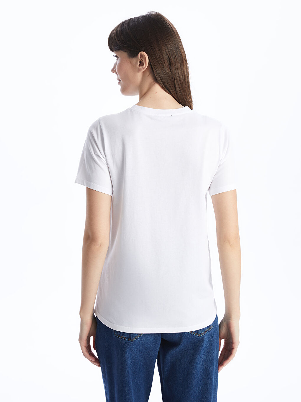 Beyaz Bisiklet Yaka Baskılı Kadın Tişört-4