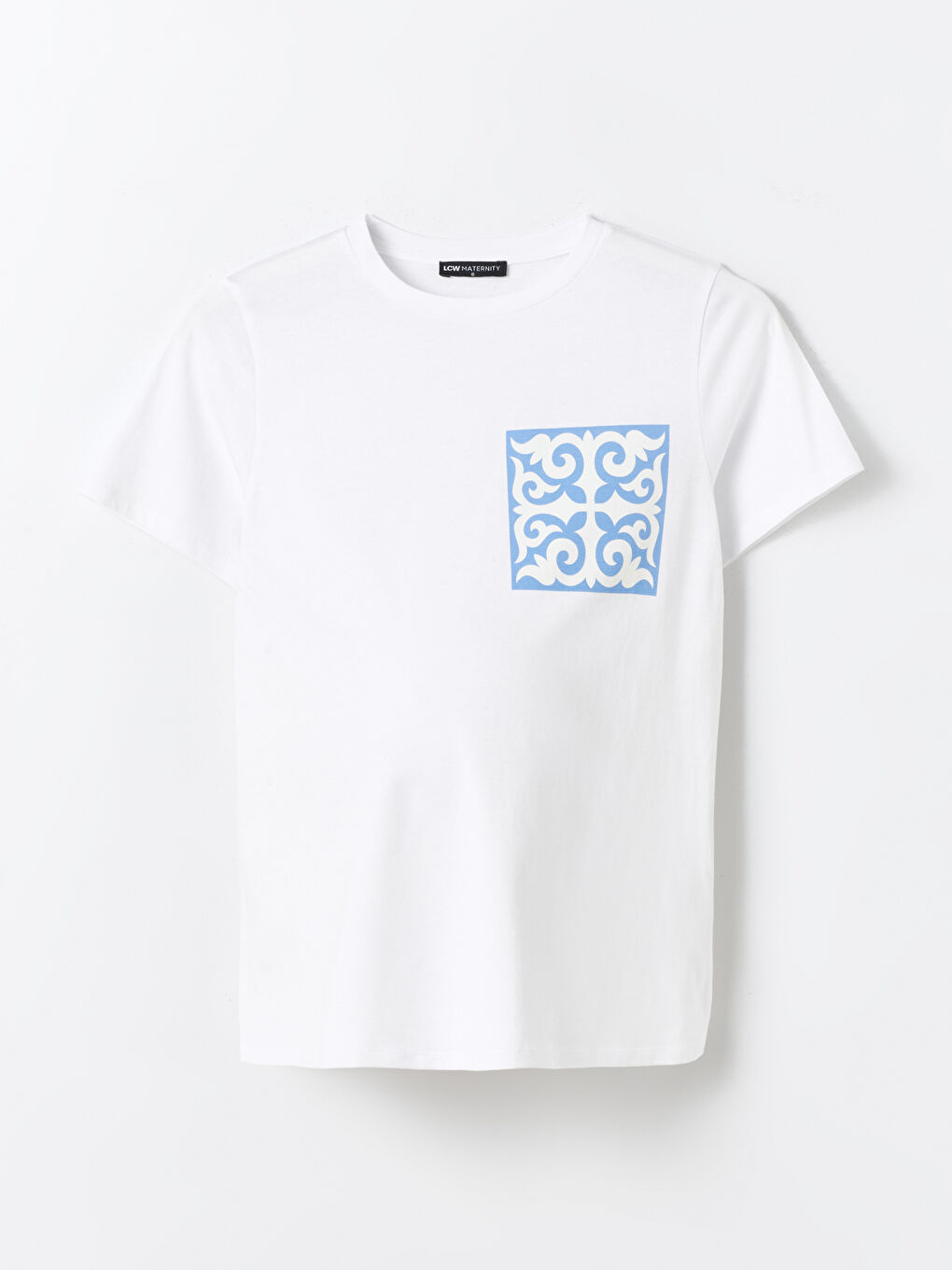 Beyaz Bisiklet Yaka Baskılı Kadın Tişört-5