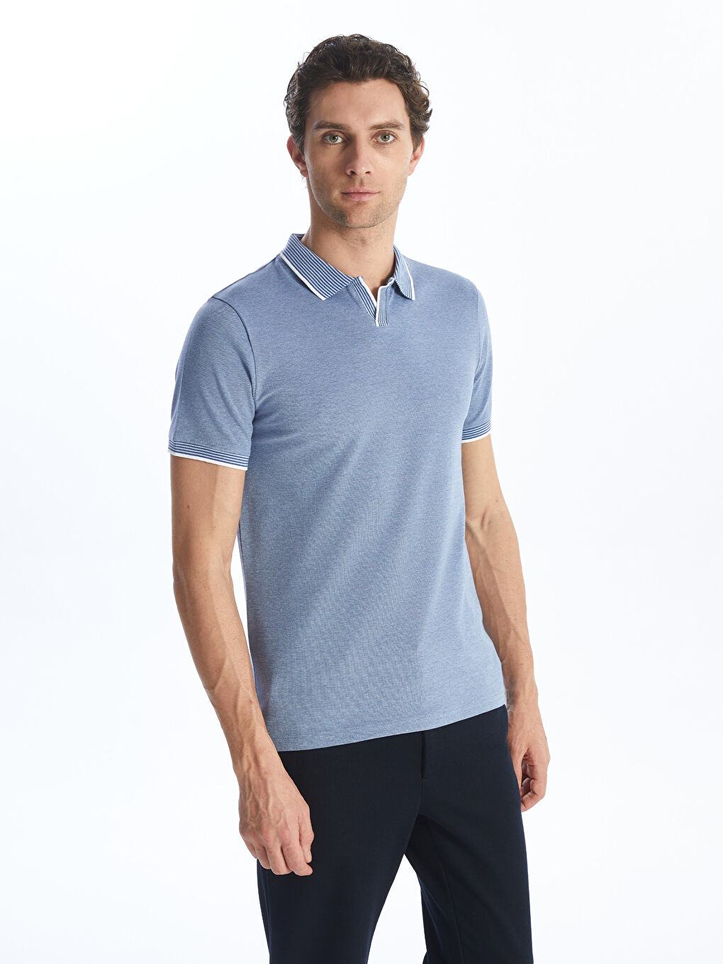 Mavi Polo Yaka Kısa Kollu Erkek Tişört-1